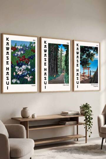 Kawase Hasui Japon Sanatı 3'lü Set Ünlü Sanatçılar Serisi Çerçeveli Tablo Salon ve Ofis Duvar Dekorasyonu
