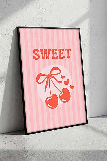 Kiraz Desenli Sweet Temalı Retro Çerçeveli Tablo Salon Genç Odası Dekorasyonu Siyah