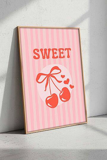 Kiraz Desenli Sweet Temalı Retro Çerçeveli Tablo Salon Genç Odası Dekorasyonu Doğal Ahşap