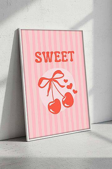 Kiraz Desenli Sweet Temalı Retro Çerçeveli Tablo Salon Genç Odası Dekorasyonu Beyaz