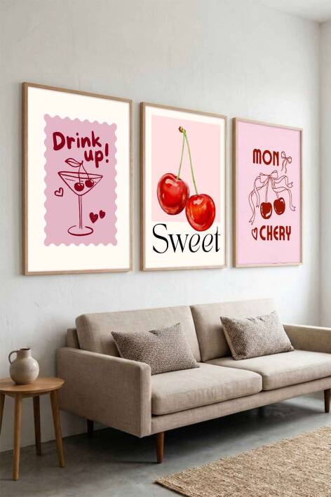 Kiraz ve Kokteyl Temalı 3'lü Tablo Seti Pop Art Çerçeveli Tablo Mutfak ve Salon Duvar Dekoru - 6