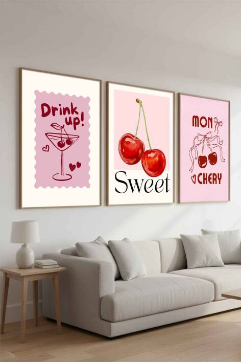 Kiraz ve Kokteyl Temalı 3'lü Tablo Seti Pop Art Çerçeveli Tablo Mutfak ve Salon Duvar Dekoru - 5