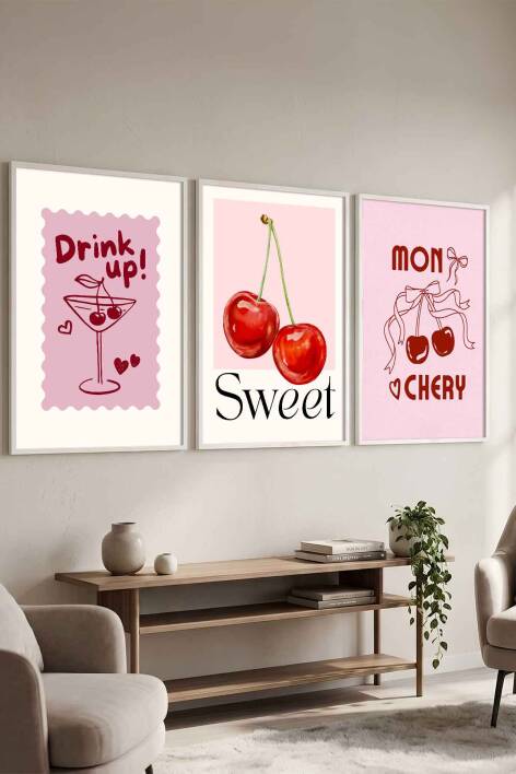 Kiraz ve Kokteyl Temalı 3'lü Tablo Seti Pop Art Çerçeveli Tablo Mutfak ve Salon Duvar Dekoru - 7