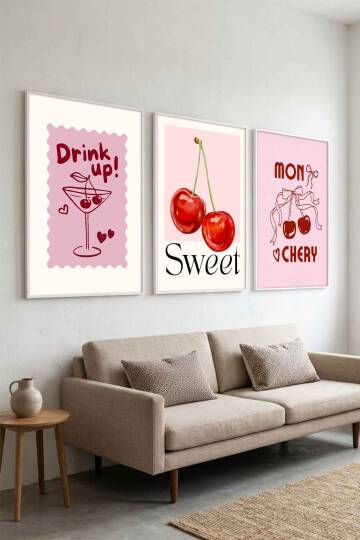 Kiraz ve Kokteyl Temalı 3'lü Tablo Seti Pop Art Çerçeveli Tablo Mutfak ve Salon Duvar Dekoru - 8