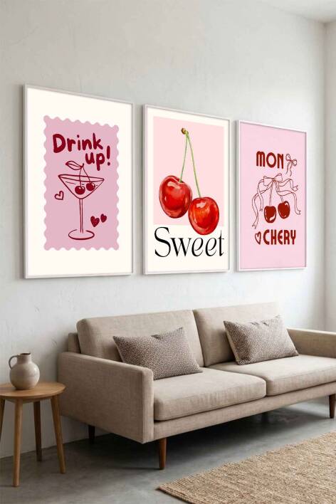 Kiraz ve Kokteyl Temalı 3'lü Tablo Seti Pop Art Çerçeveli Tablo Mutfak ve Salon Duvar Dekoru - 8