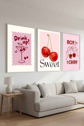 Kiraz ve Kokteyl Temalı 3'lü Tablo Seti Pop Art Çerçeveli Tablo Mutfak ve Salon Duvar Dekoru - 9