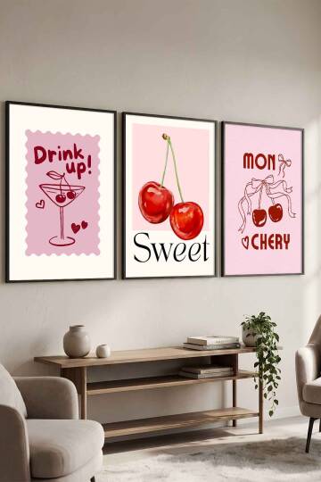 Kiraz ve Kokteyl Temalı 3'lü Tablo Seti Pop Art Çerçeveli Tablo Mutfak ve Salon Duvar Dekoru
