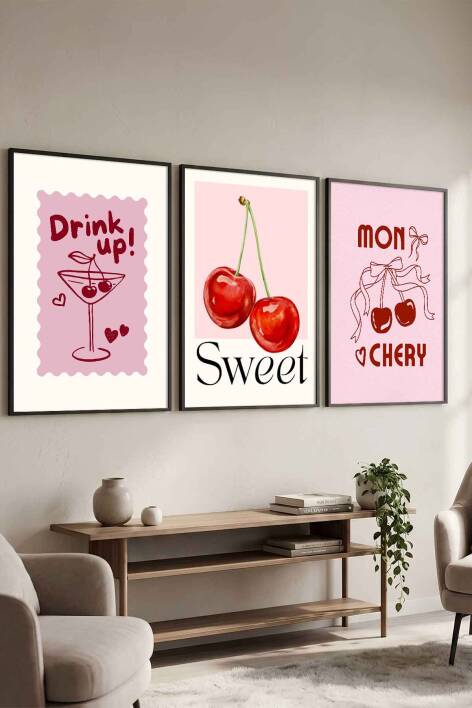 Kiraz ve Kokteyl Temalı 3'lü Tablo Seti Pop Art Çerçeveli Tablo Mutfak ve Salon Duvar Dekoru - 1