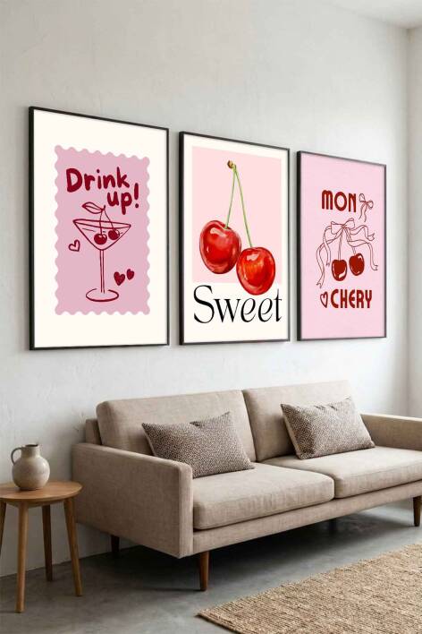 Kiraz ve Kokteyl Temalı 3'lü Tablo Seti Pop Art Çerçeveli Tablo Mutfak ve Salon Duvar Dekoru - 3