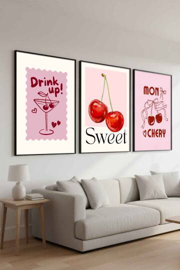 Kiraz ve Kokteyl Temalı 3'lü Tablo Seti Pop Art Çerçeveli Tablo Mutfak ve Salon Duvar Dekoru - 2