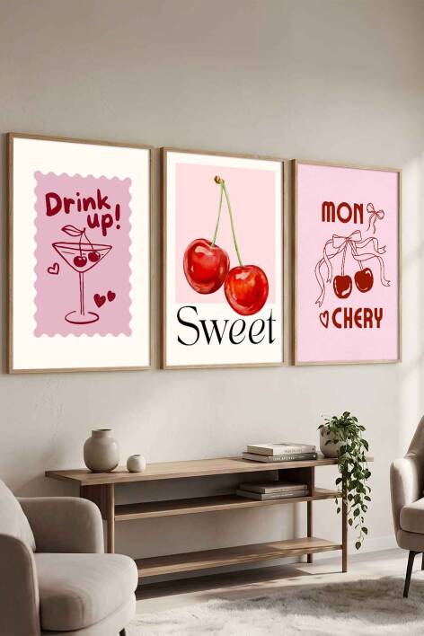 Kiraz ve Kokteyl Temalı 3'lü Tablo Seti Pop Art Çerçeveli Tablo Mutfak ve Salon Duvar Dekoru - 4
