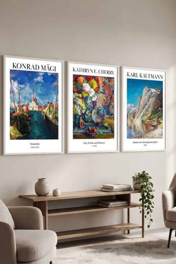 Manzara ve Çiçek Temalı 3'lü Set Ünlü Ressam Eserler Serisi Çerçeveli Tablo Salon Ofis Dekorasyonu Beyaz