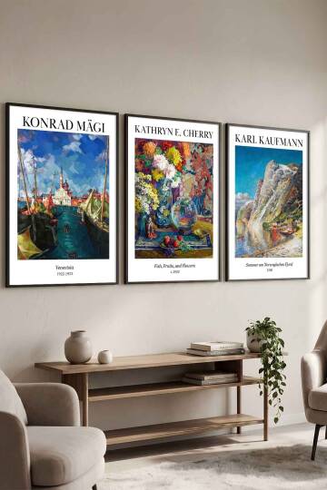 Manzara ve Çiçek Temalı 3'lü Set Ünlü Ressam Eserler Serisi Çerçeveli Tablo Salon Ofis Dekorasyonu
