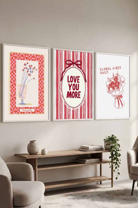 Modern 3'lü Set Romantik İllüstrasyon Çerçeveli Tablo Seti Salon ve Yatak Odası Dekorasyonu - 4