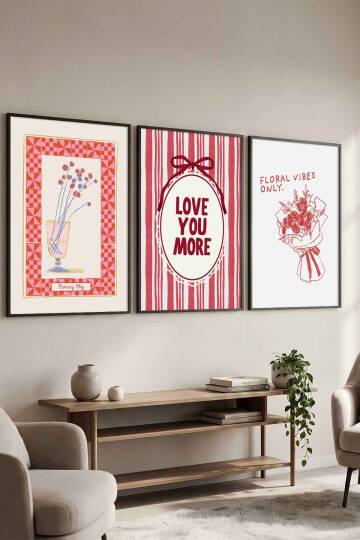 Modern 3'lü Set Romantik İllüstrasyon Çerçeveli Tablo Seti Salon ve Yatak Odası Dekorasyonu
