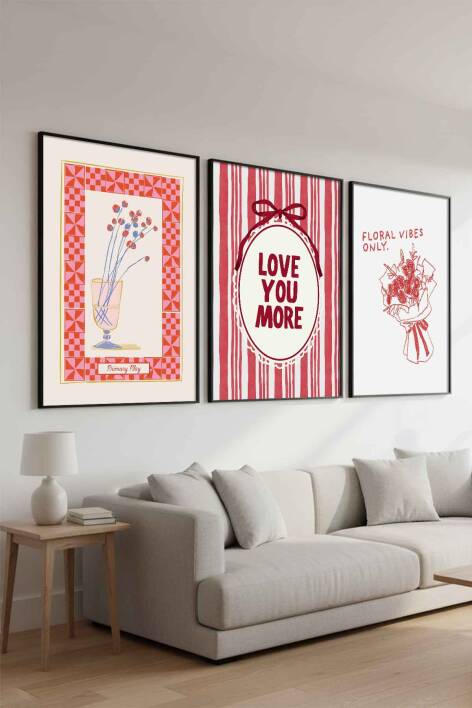 Modern 3'lü Set Romantik İllüstrasyon Çerçeveli Tablo Seti Salon ve Yatak Odası Dekorasyonu - 3
