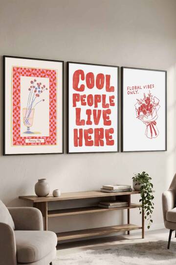 Modern 3'lü Set Tipografik ve Minimal Çiçek Desenli Çerçeveli Tablo Salon ve Genç Odası Dekorasyonu