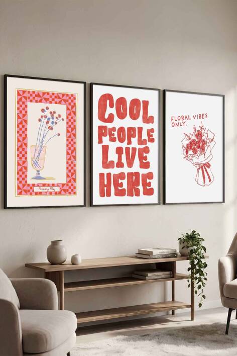 Modern 3'lü Set Tipografik ve Minimal Çiçek Desenli Çerçeveli Tablo Salon ve Genç Odası Dekorasyonu - 1