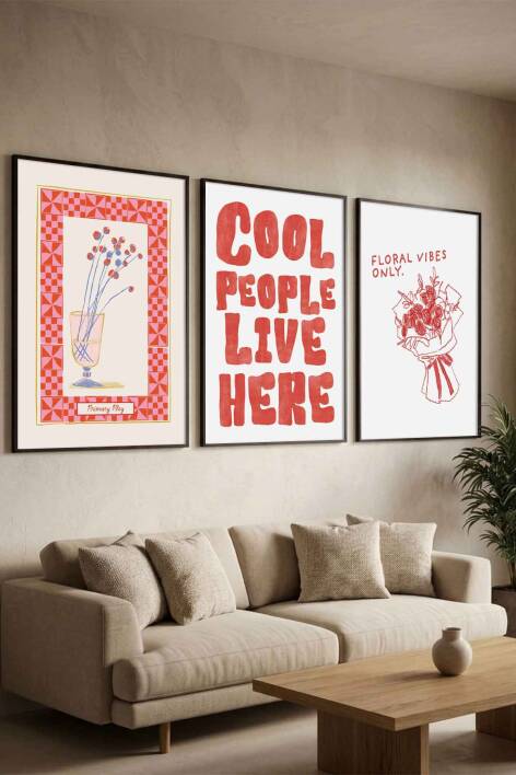 Modern 3'lü Set Tipografik ve Minimal Çiçek Desenli Çerçeveli Tablo Salon ve Genç Odası Dekorasyonu - 2
