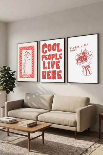 Modern 3'lü Set Tipografik ve Minimal Çiçek Desenli Çerçeveli Tablo Salon ve Genç Odası Dekorasyonu - 3