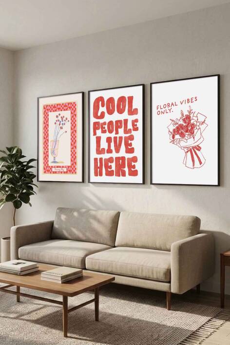 Modern 3'lü Set Tipografik ve Minimal Çiçek Desenli Çerçeveli Tablo Salon ve Genç Odası Dekorasyonu - 3