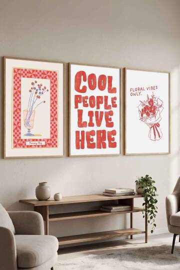 Modern 3'lü Set Tipografik ve Minimal Çiçek Desenli Çerçeveli Tablo Salon ve Genç Odası Dekorasyonu - 4