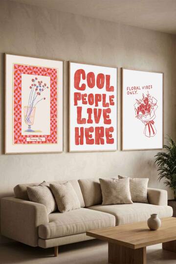 Modern 3'lü Set Tipografik ve Minimal Çiçek Desenli Çerçeveli Tablo Salon ve Genç Odası Dekorasyonu - 5