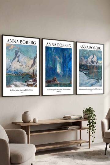 Modern Anna Boberg İskandinav Manzara Çerçeveli 3'lü Tablo Seti Ünlü Sanat Eserleri Serisi Salon ve Ofis Dekorasyonu Siyah