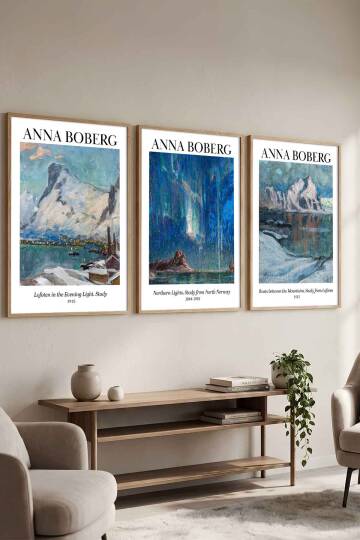 Modern Anna Boberg İskandinav Manzara Çerçeveli 3'lü Tablo Seti Ünlü Sanat Eserleri Serisi Salon ve Ofis Dekorasyonu Doğal Ahşap