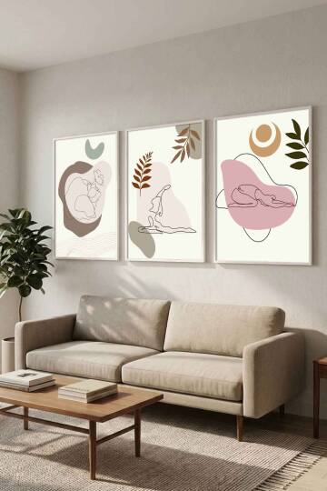Modern Boho Yoga Figürlü 3'lü Set Çerçeveli Tablo Salon ve Meditasyon Odası Dekorasyonu - 9