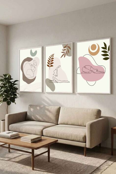 Modern Boho Yoga Figürlü 3'lü Set Çerçeveli Tablo Salon ve Meditasyon Odası Dekorasyonu - 9