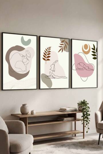 Modern Boho Yoga Figürlü 3'lü Set Çerçeveli Tablo Salon ve Meditasyon Odası Dekorasyonu Siyah