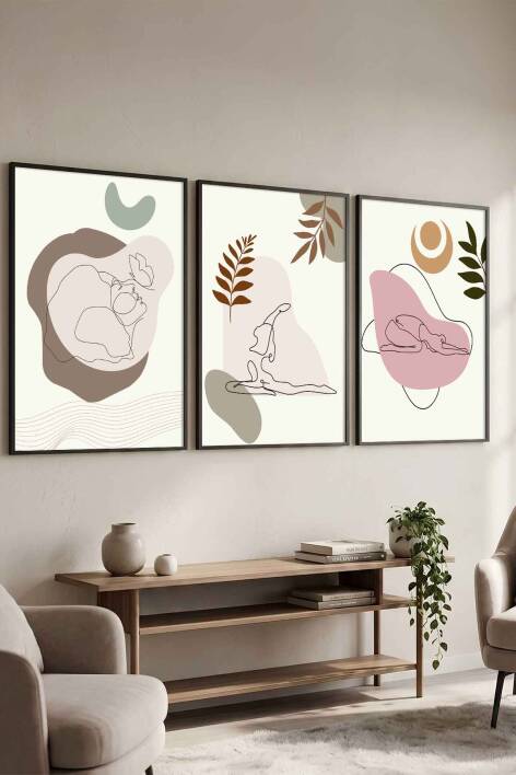 Modern Boho Yoga Figürlü 3'lü Set Çerçeveli Tablo Salon ve Meditasyon Odası Dekorasyonu - 4