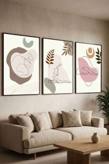 Modern Boho Yoga Figürlü 3'lü Set Çerçeveli Tablo Salon ve Meditasyon Odası Dekorasyonu - 5