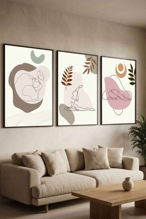 Modern Boho Yoga Figürlü 3'lü Set Çerçeveli Tablo Salon ve Meditasyon Odası Dekorasyonu - 5