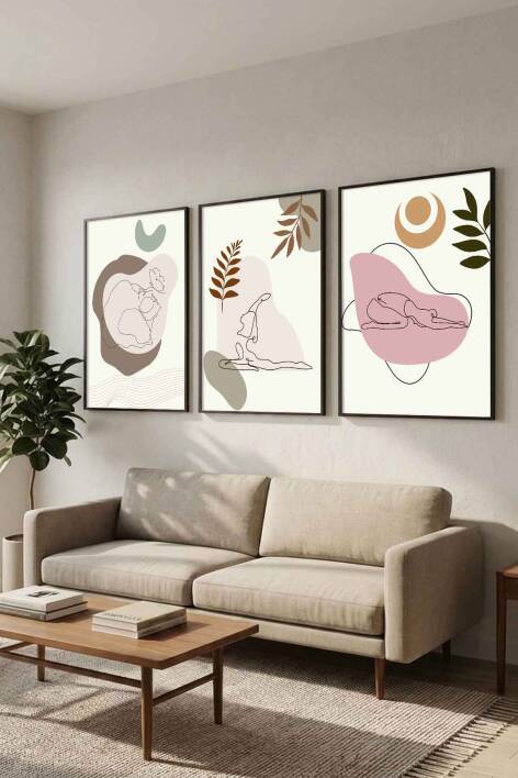 Modern Boho Yoga Figürlü 3'lü Set Çerçeveli Tablo Salon ve Meditasyon Odası Dekorasyonu - 6