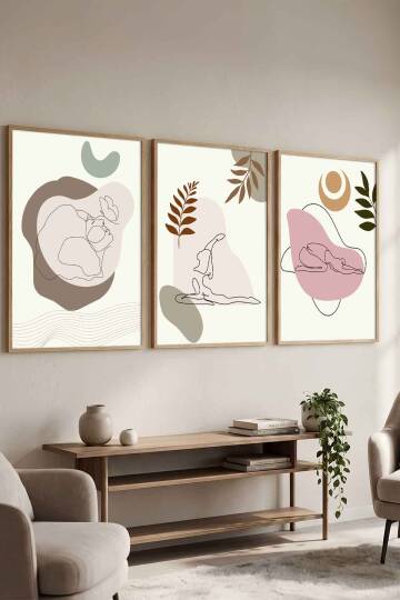 Modern Boho Yoga Figürlü 3'lü Set Çerçeveli Tablo Salon ve Meditasyon Odası Dekorasyonu Doğal Ahşap