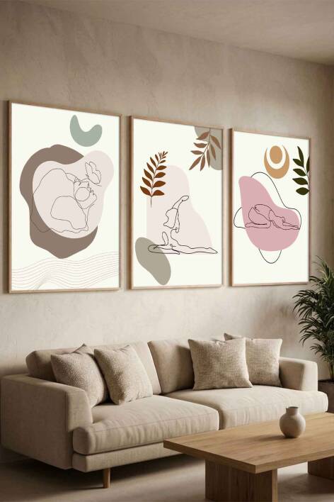Modern Boho Yoga Figürlü 3'lü Set Çerçeveli Tablo Salon ve Meditasyon Odası Dekorasyonu - 2