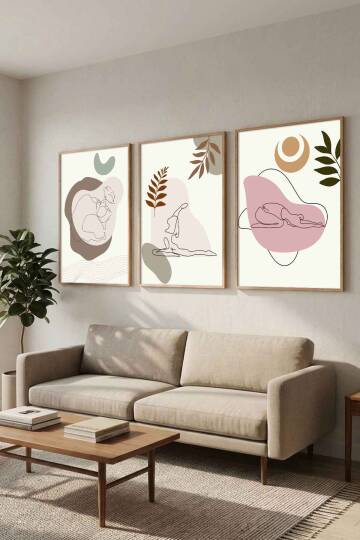 Modern Boho Yoga Figürlü 3'lü Set Çerçeveli Tablo Salon ve Meditasyon Odası Dekorasyonu - 3