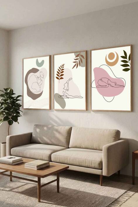Modern Boho Yoga Figürlü 3'lü Set Çerçeveli Tablo Salon ve Meditasyon Odası Dekorasyonu - 3