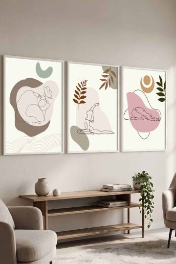 Modern Boho Yoga Figürlü 3'lü Set Çerçeveli Tablo Salon ve Meditasyon Odası Dekorasyonu Beyaz