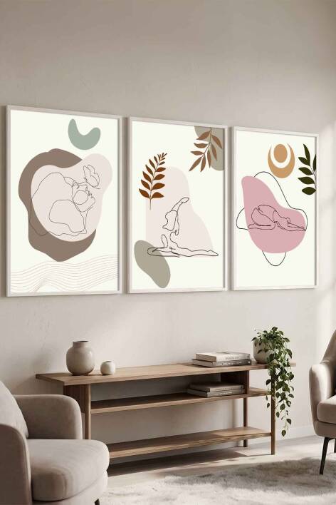 Modern Boho Yoga Figürlü 3'lü Set Çerçeveli Tablo Salon ve Meditasyon Odası Dekorasyonu - 7