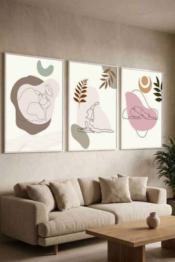 Modern Boho Yoga Figürlü 3'lü Set Çerçeveli Tablo Salon ve Meditasyon Odası Dekorasyonu - 8