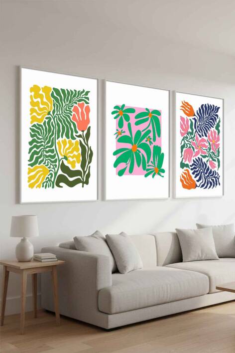 Modern Botanik Çiçek Desenli 3'lü Set Çerçeveli Tablo Salon ve Ofis Dekoru - 9