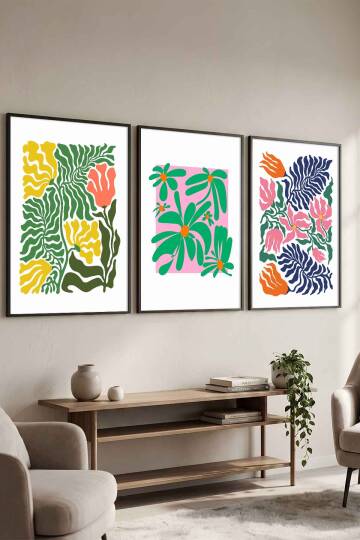 Modern Botanik Çiçek Desenli 3'lü Set Çerçeveli Tablo Salon ve Ofis Dekoru - 4