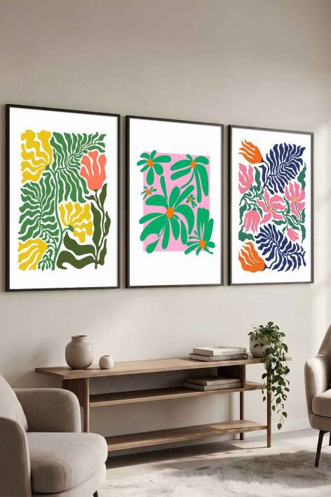 Modern Botanik Çiçek Desenli 3'lü Set Çerçeveli Tablo Salon ve Ofis Dekoru - 4