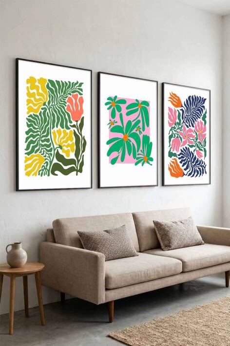 Modern Botanik Çiçek Desenli 3'lü Set Çerçeveli Tablo Salon ve Ofis Dekoru - 5
