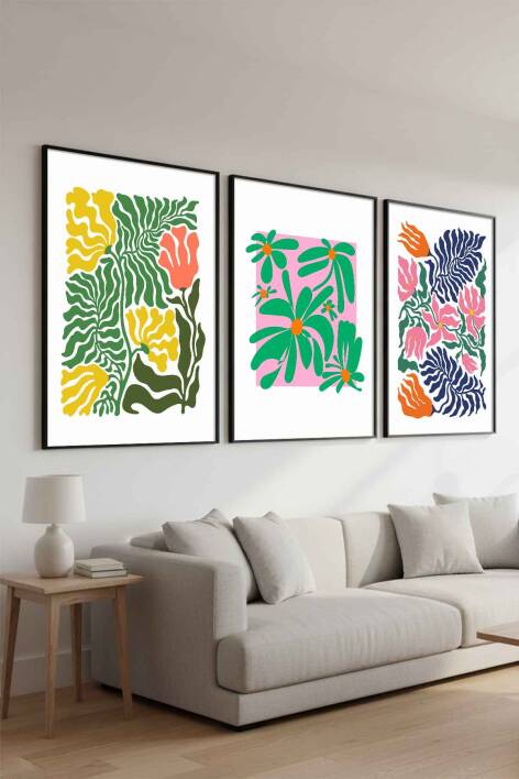 Modern Botanik Çiçek Desenli 3'lü Set Çerçeveli Tablo Salon ve Ofis Dekoru - 6