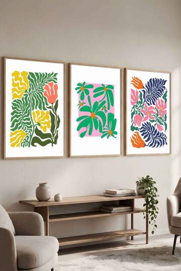 Modern Botanik Çiçek Desenli 3'lü Set Çerçeveli Tablo Salon ve Ofis Dekoru