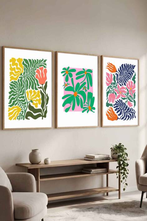 Modern Botanik Çiçek Desenli 3'lü Set Çerçeveli Tablo Salon ve Ofis Dekoru - 1